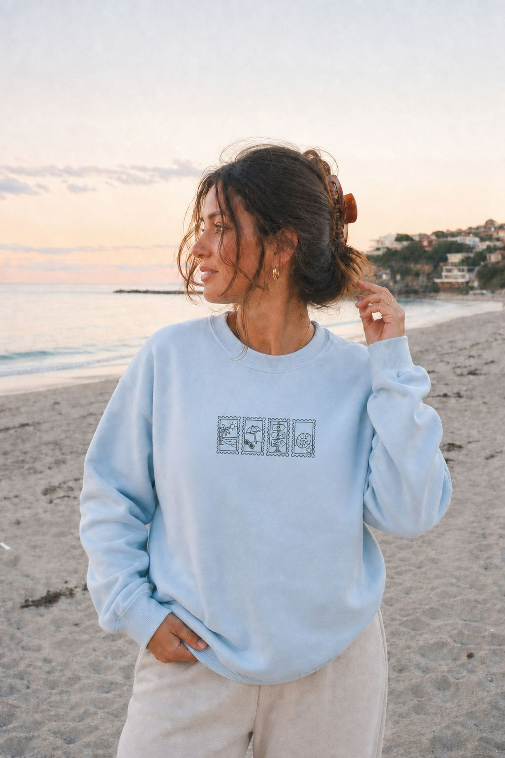 Beach Vintage Stamp Embroidered Crewneck Sweatshirt