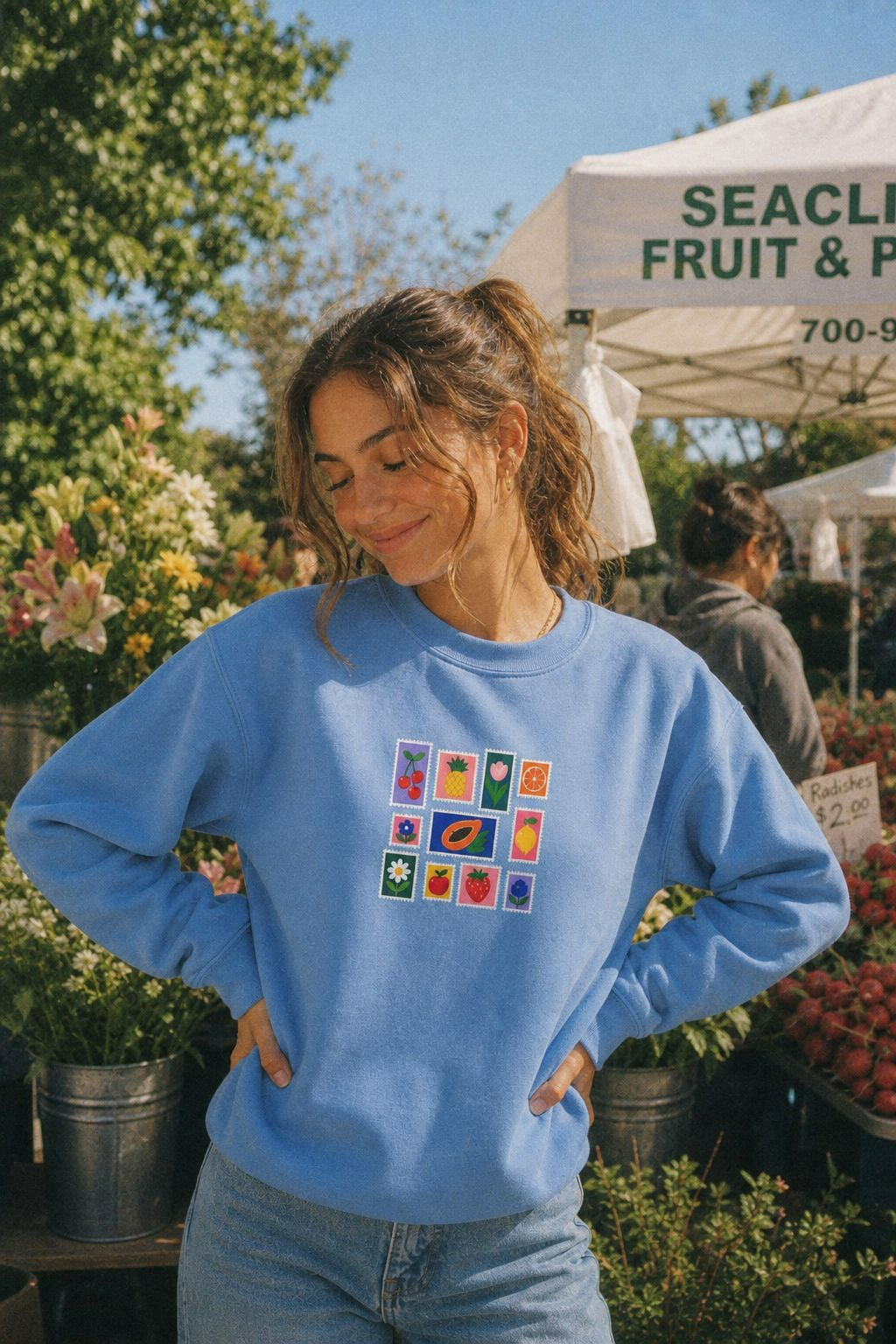 Summer Flower & Fruit Stamp Printed Crewneck Sweatshirt
