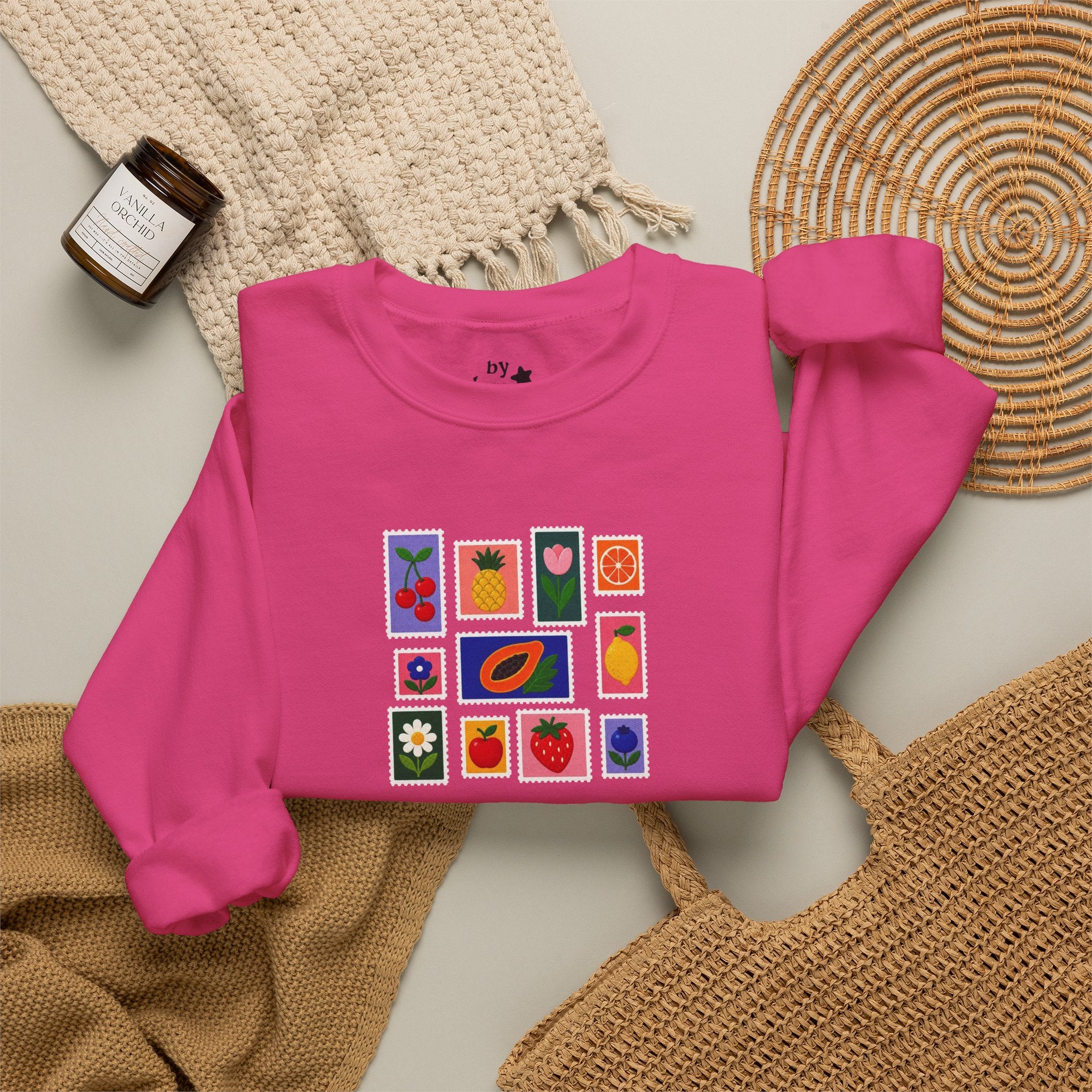 Summer Flower & Fruit Stamp Printed Crewneck Sweatshirt